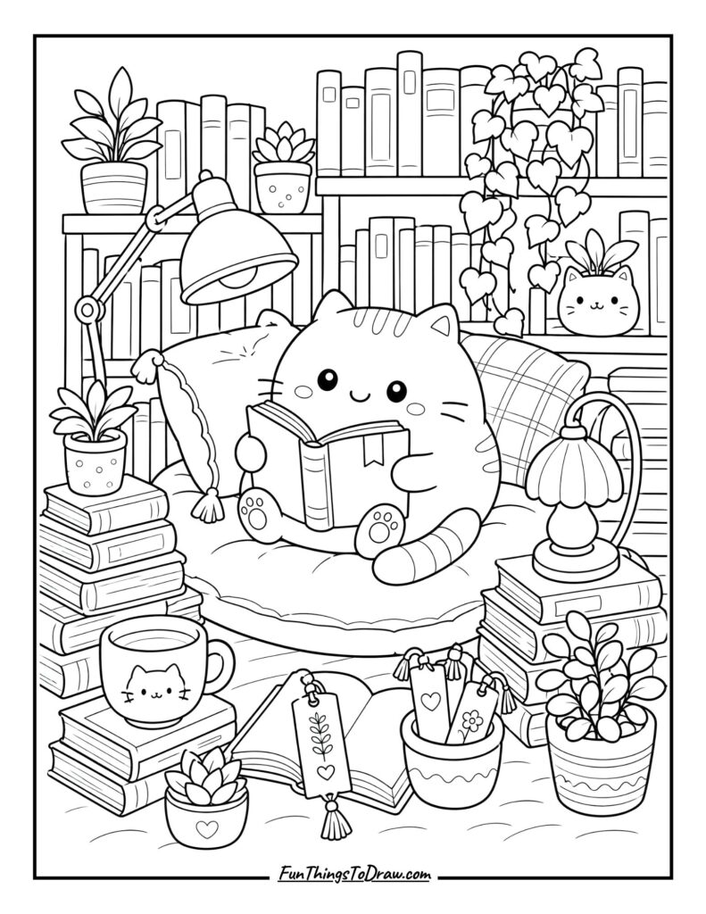 Kawaii Bookstore Cat coloring page for adults