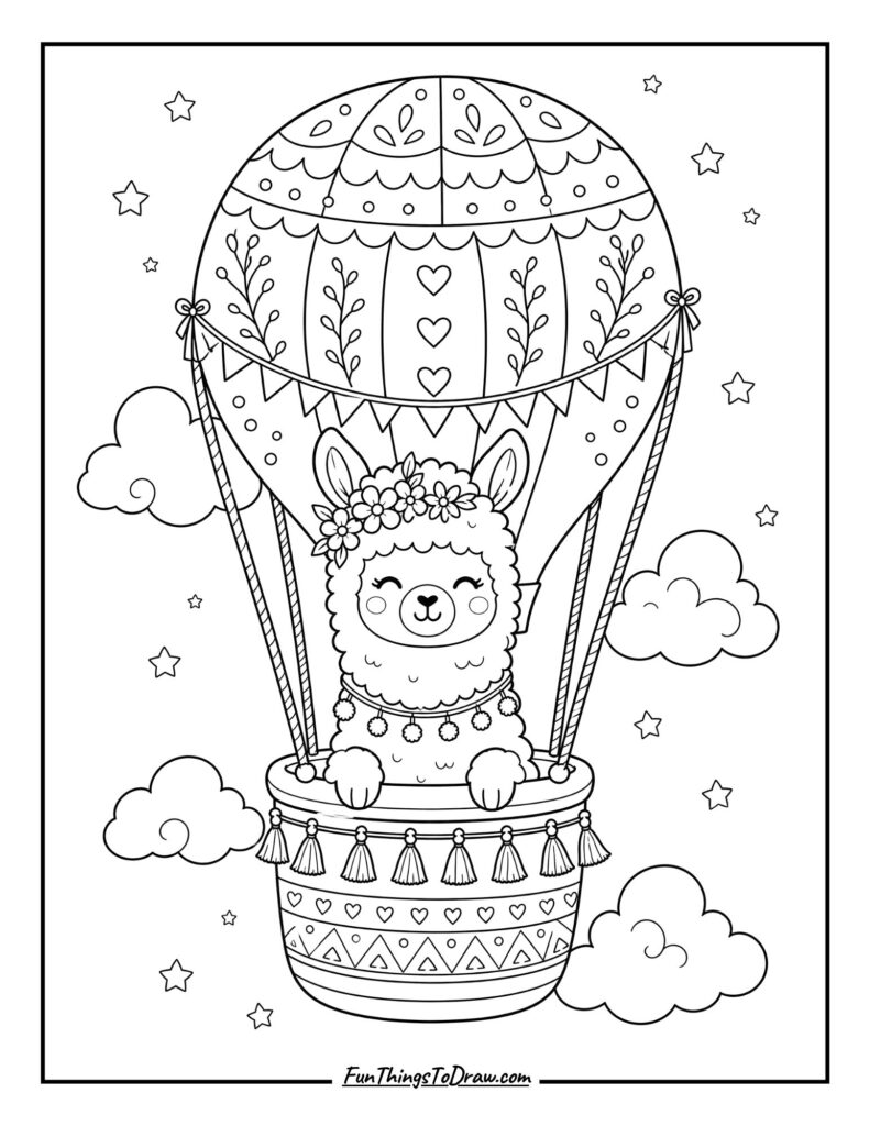Llama in a Hot Air Balloon coloring page