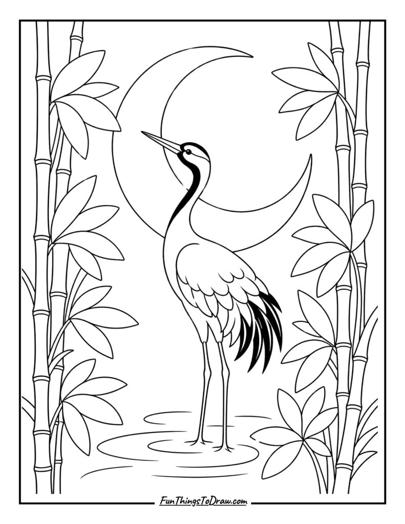 Moonlit Bamboo Crane Bird Coloring Page