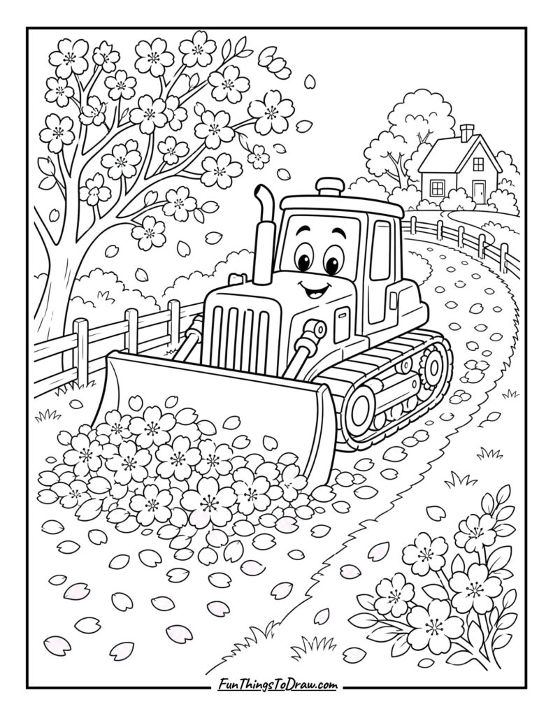 Bulldozer Clearing Spring Blossom Petals