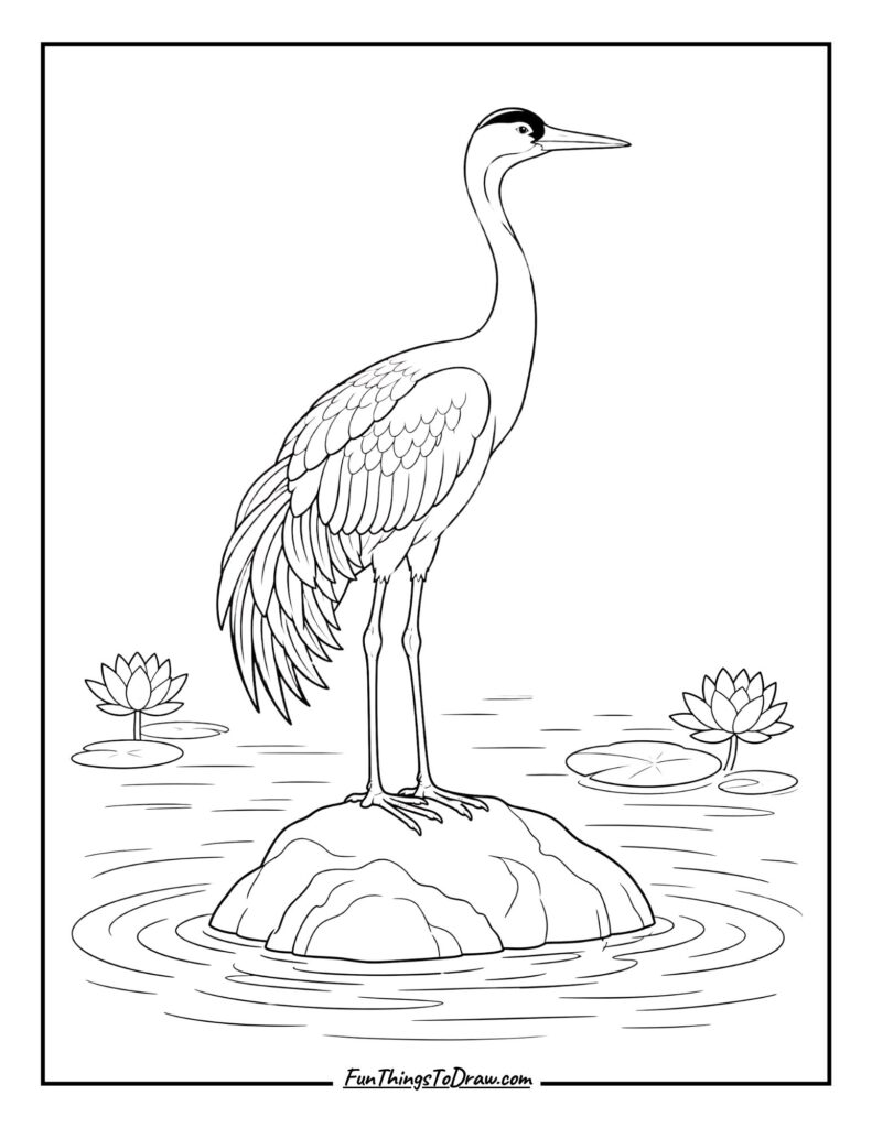 Crane Bird Standing on Lake Rock