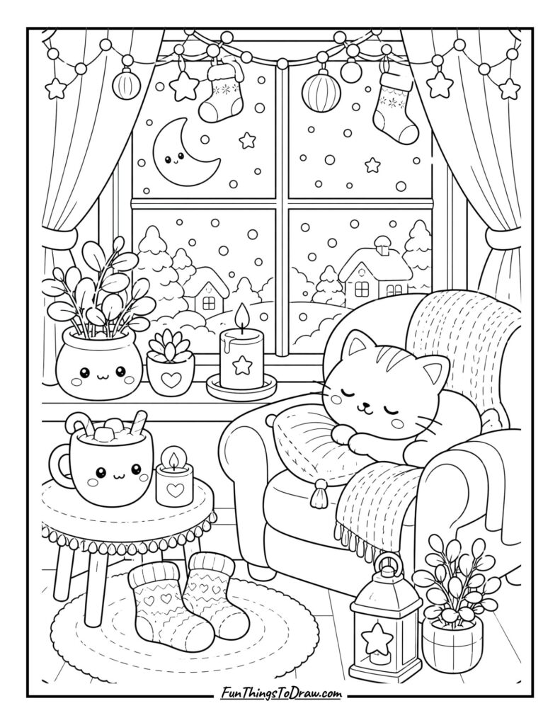 Kawaii Winter Morning Coloring Page for Adults