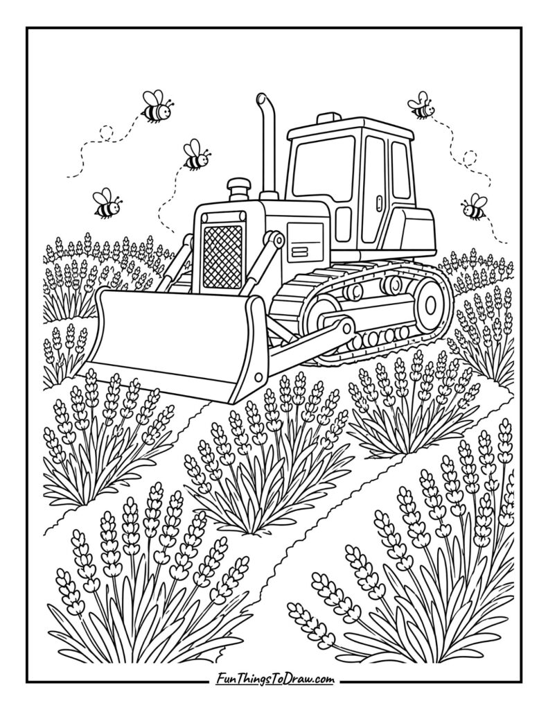 Bulldozer in a Lavender Field coloring page