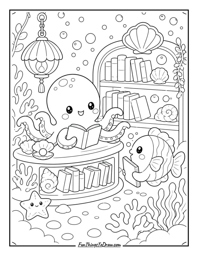 Cute Kawaii ocean Bookshop Coloring Page