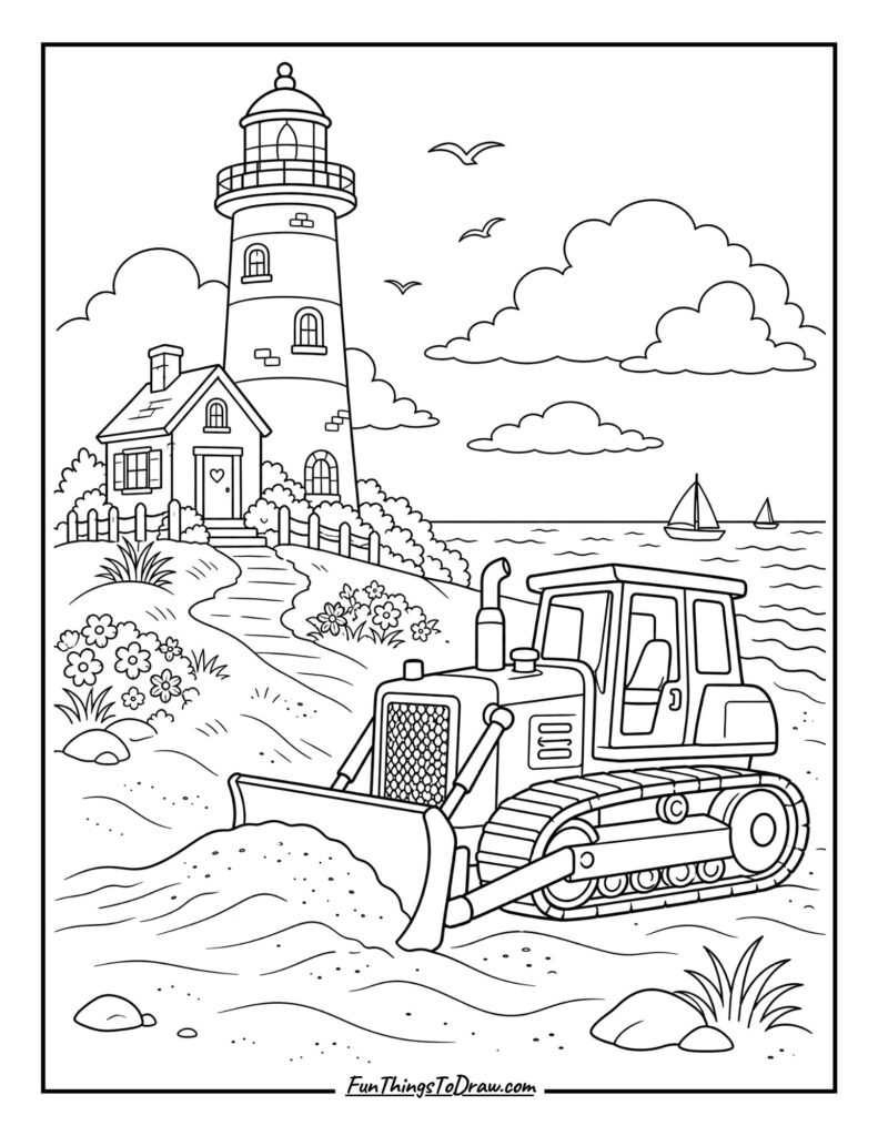 Bulldozer by a Cozy Lighthouse coloring page
