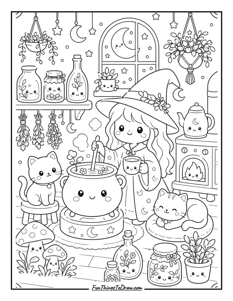 Kawaii Witch Cottage Coloring Page for Adults