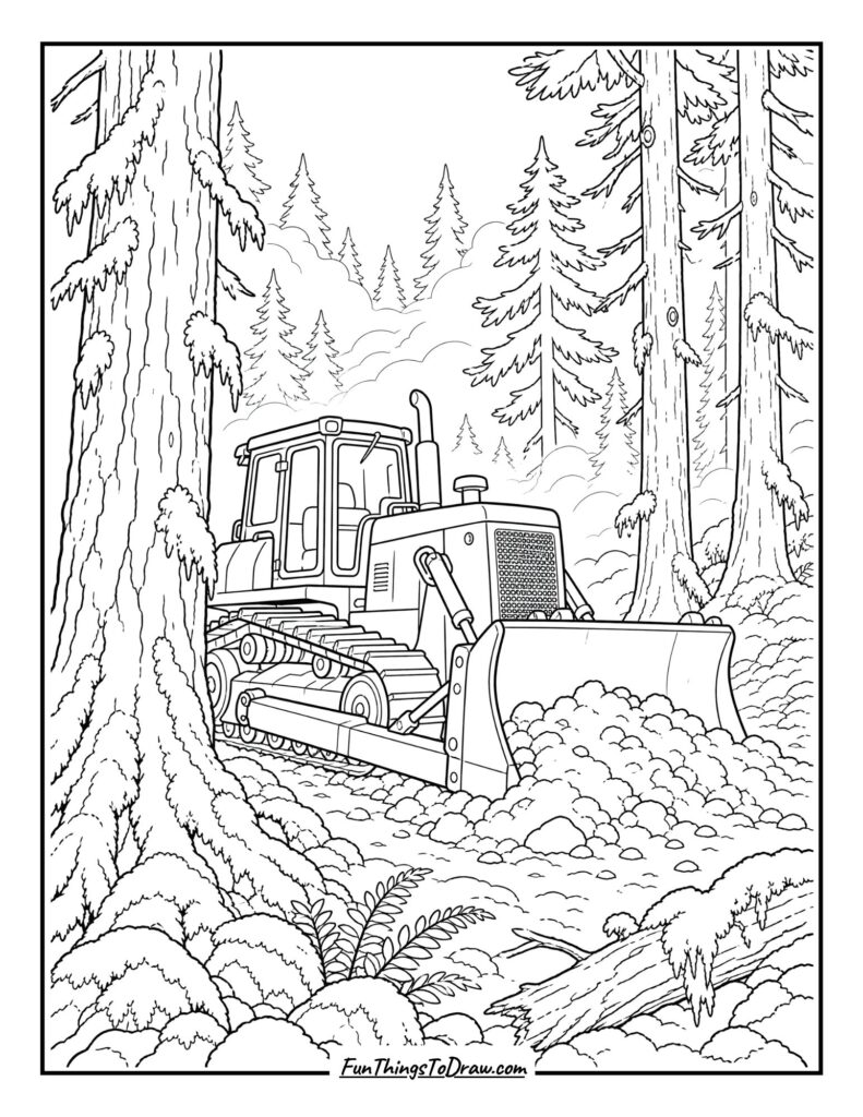 Bulldozer in a Misty Pine Forest