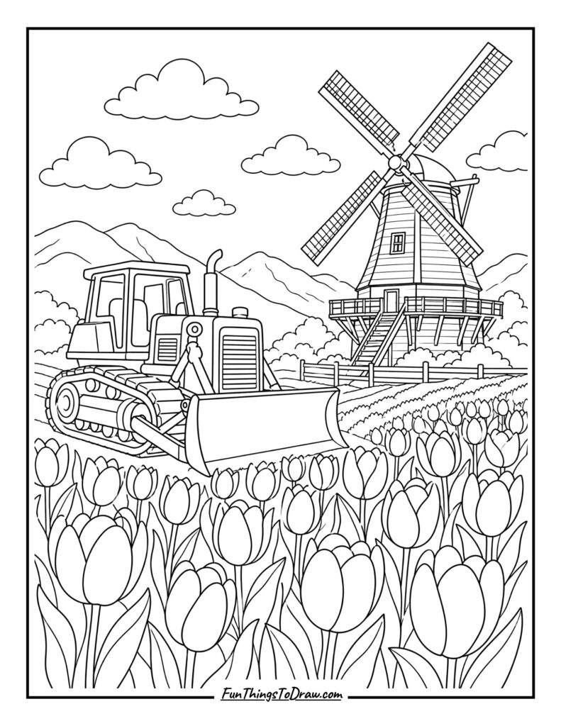 Bulldozer by a Country Windmill Coloring Page
