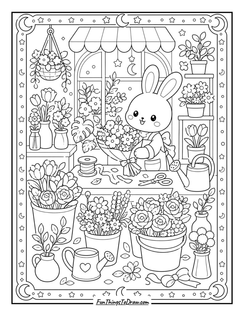 Kawaii Flower Shop Coloring Page for Adults