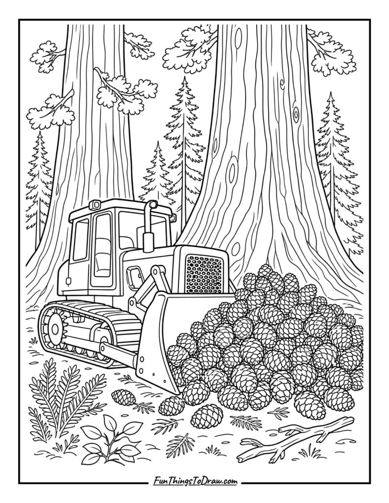 Bulldozer Clearing Cozy Pine Cones
