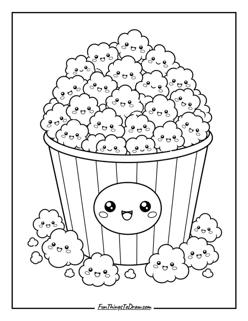 Cute Kawaii Popcorn Bucket Coloring Page