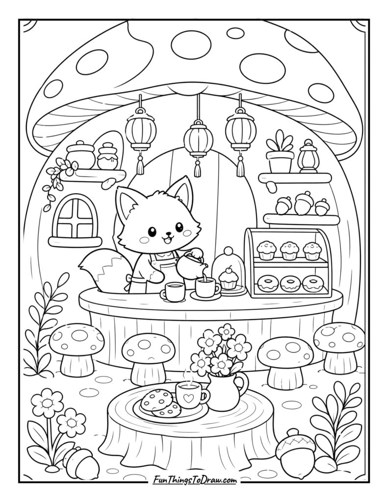 Kawaii Forest Mushroom Cafe Coloring Page