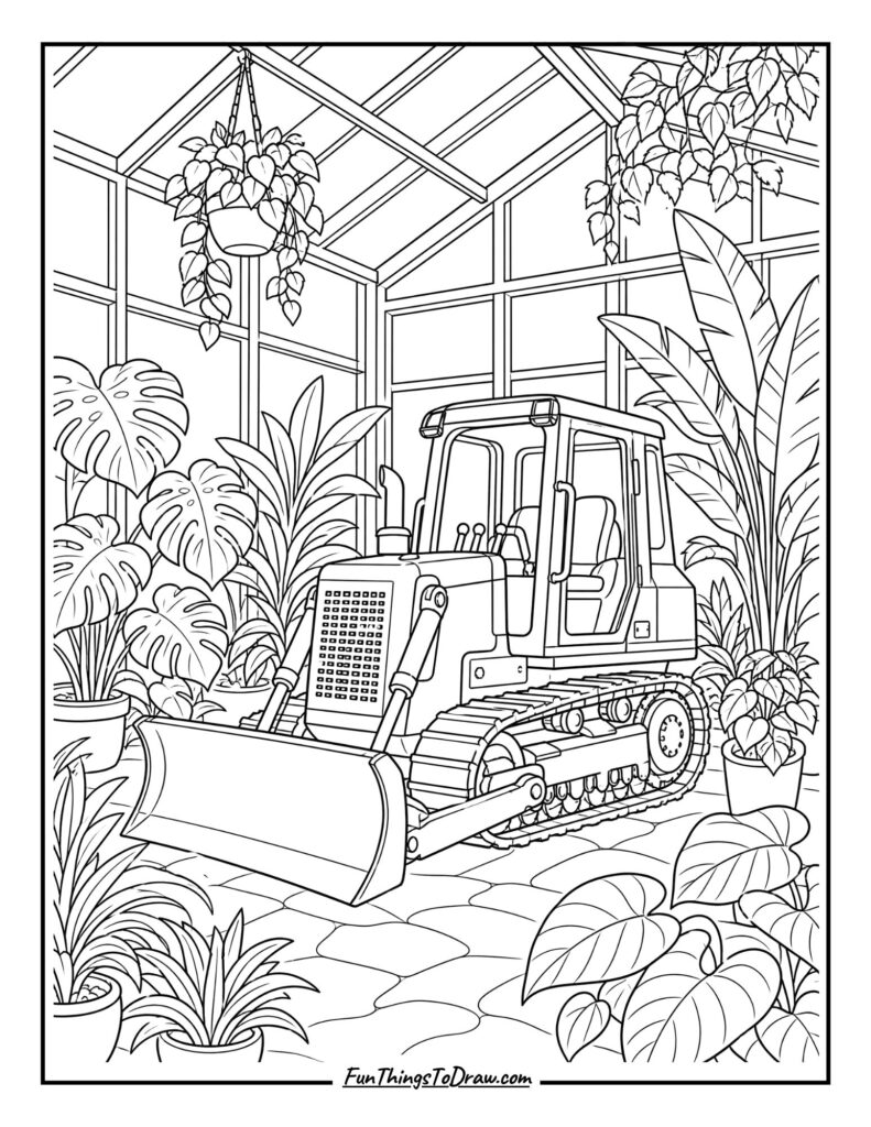 Bulldozer in a Tropical Greenhouse coloring page