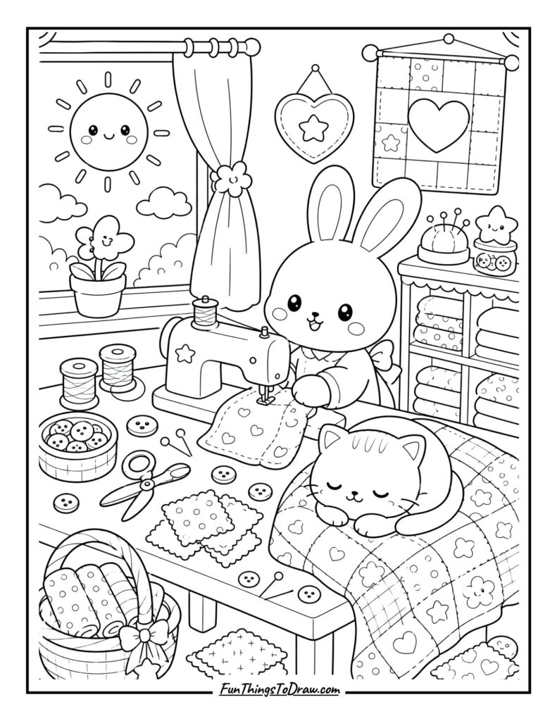 Kawaii Sewing Coloring Page
