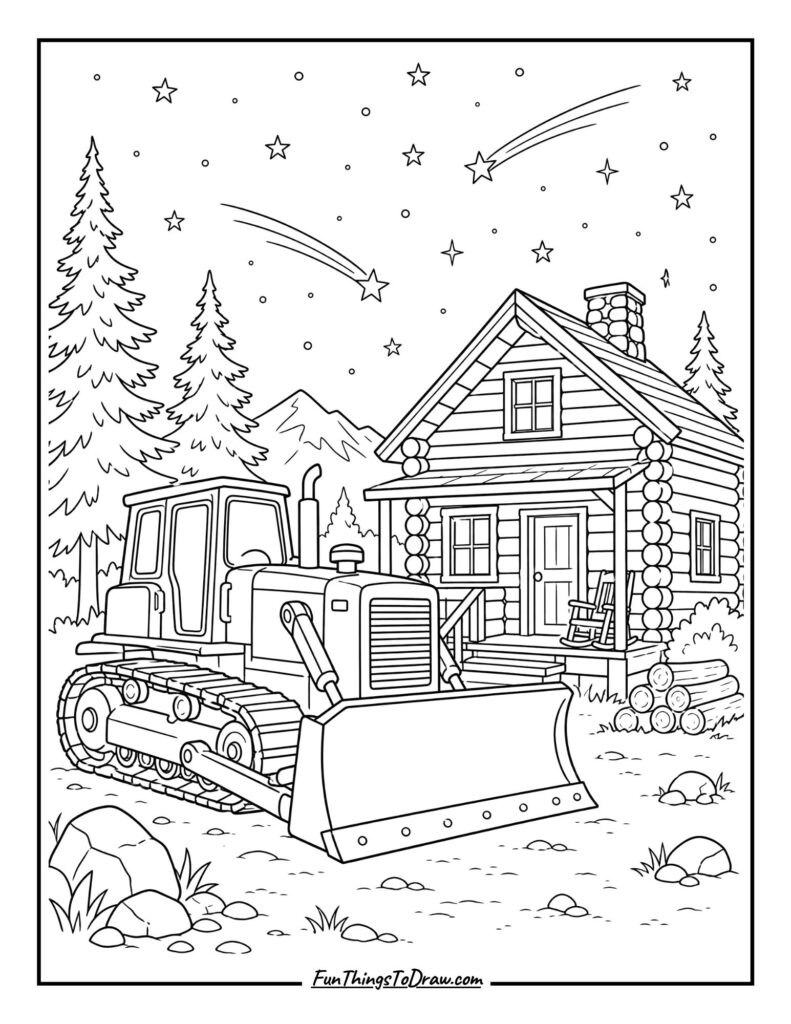 Bulldozer by a Starlit Cabin Porch