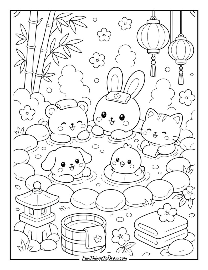 Kawaii Hot Springs Friends Coloring Page
