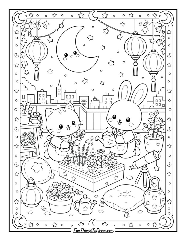 Starry Rooftop Garden coloring page for adults