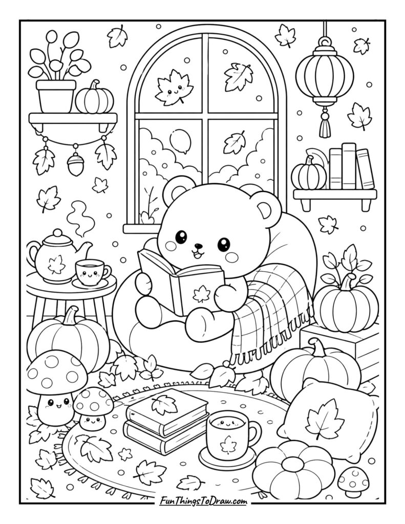 Kawaii Autumn Room Coloring Page for Adults
