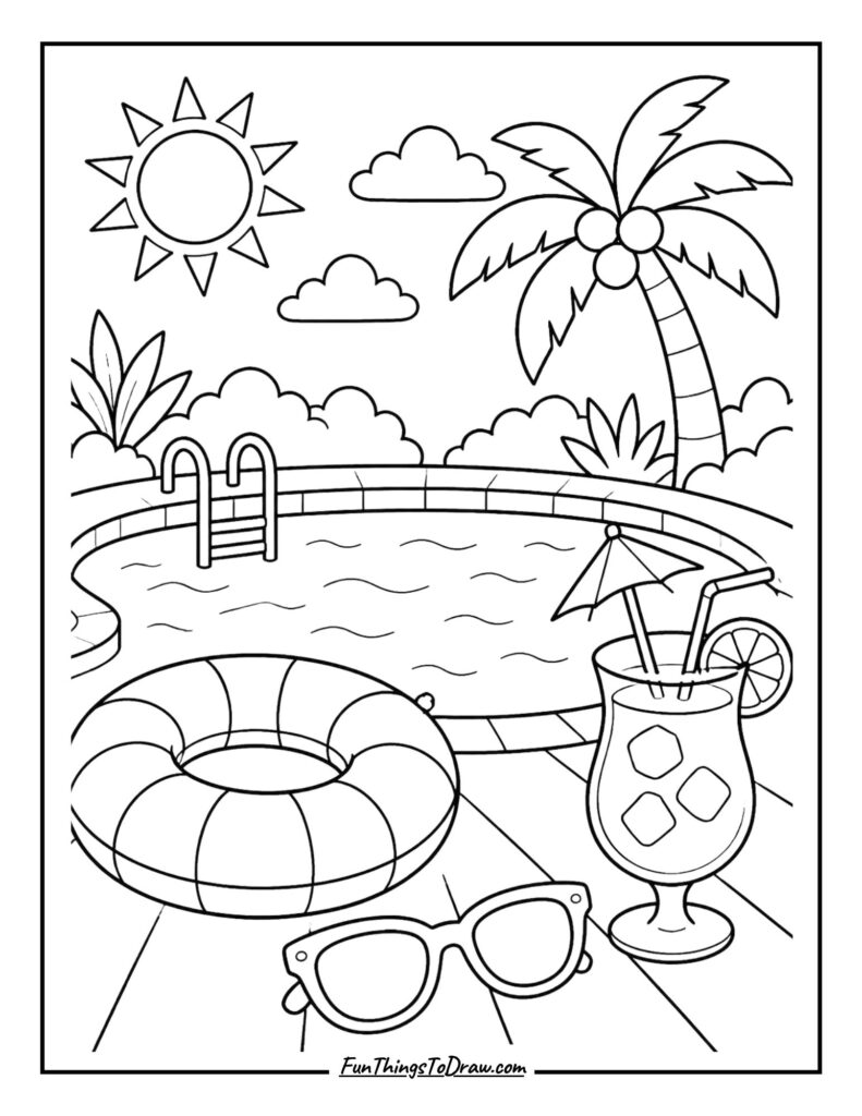 Poolside Preppy Scene coloring page