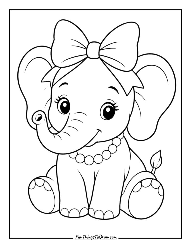 Bow-Wearing Baby Elephant Coloring Page