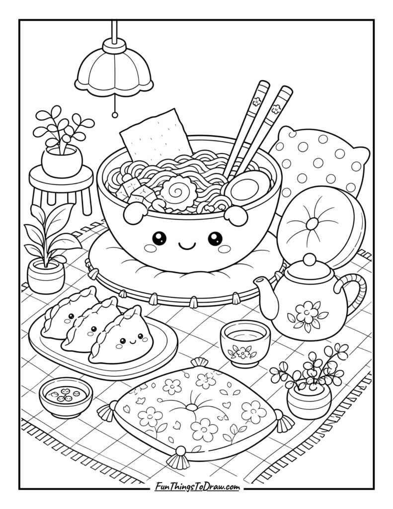 Cozy Ramen Picnic Coloring Page
