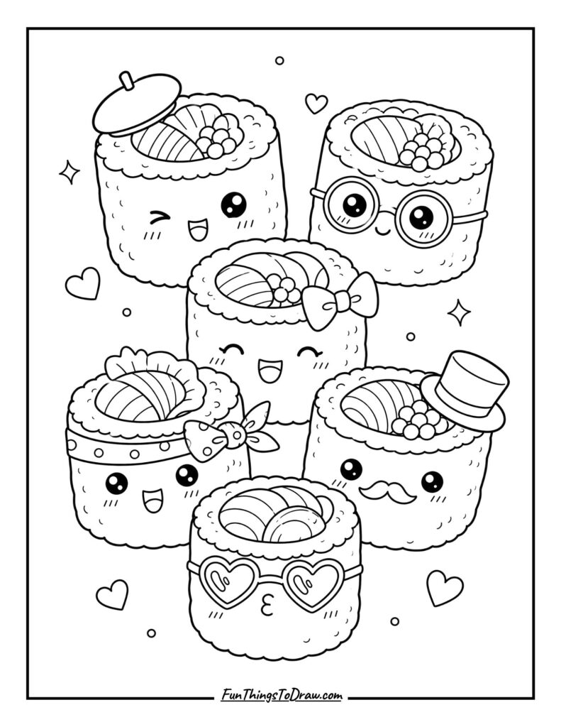 Kawaii Sushi Rolls Coloring Page