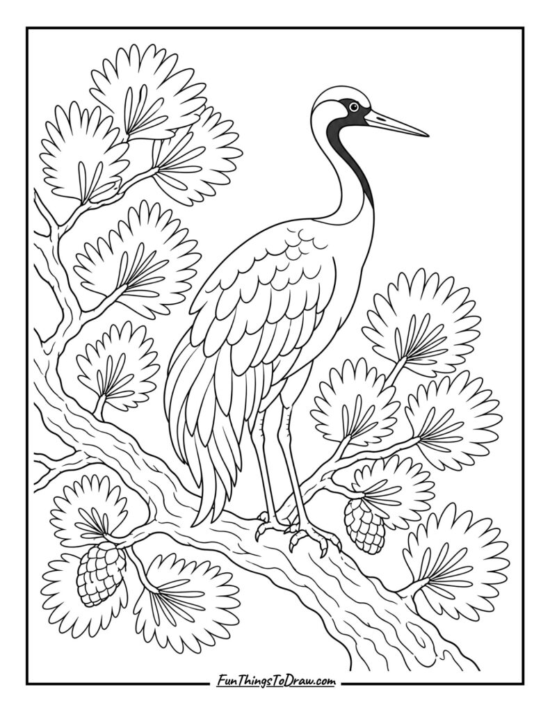 Crane Bird on Pine Branch Coloring Page