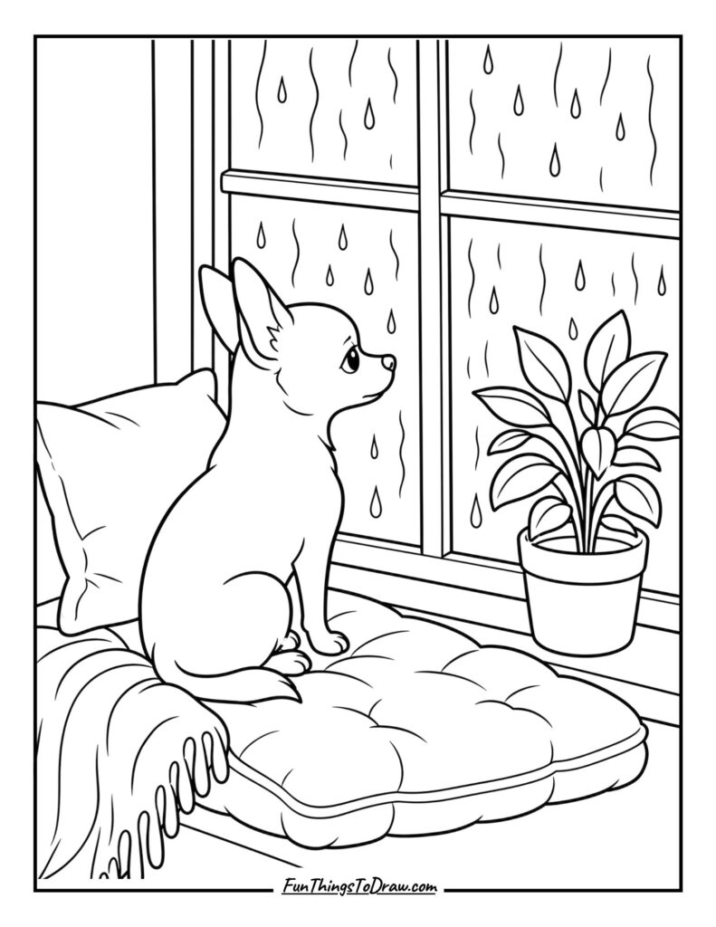 Chihuahua on a Rainy Window Day coloring page