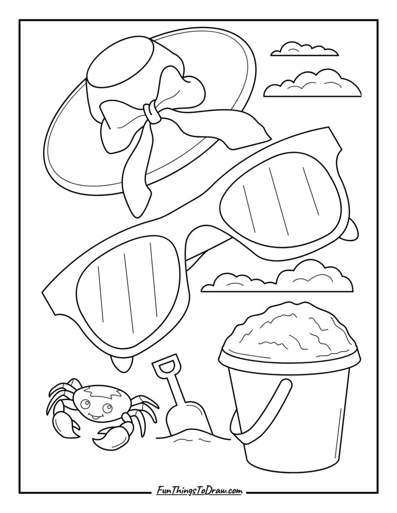 Preppy Hat, Glasses & Beach Items coloring page