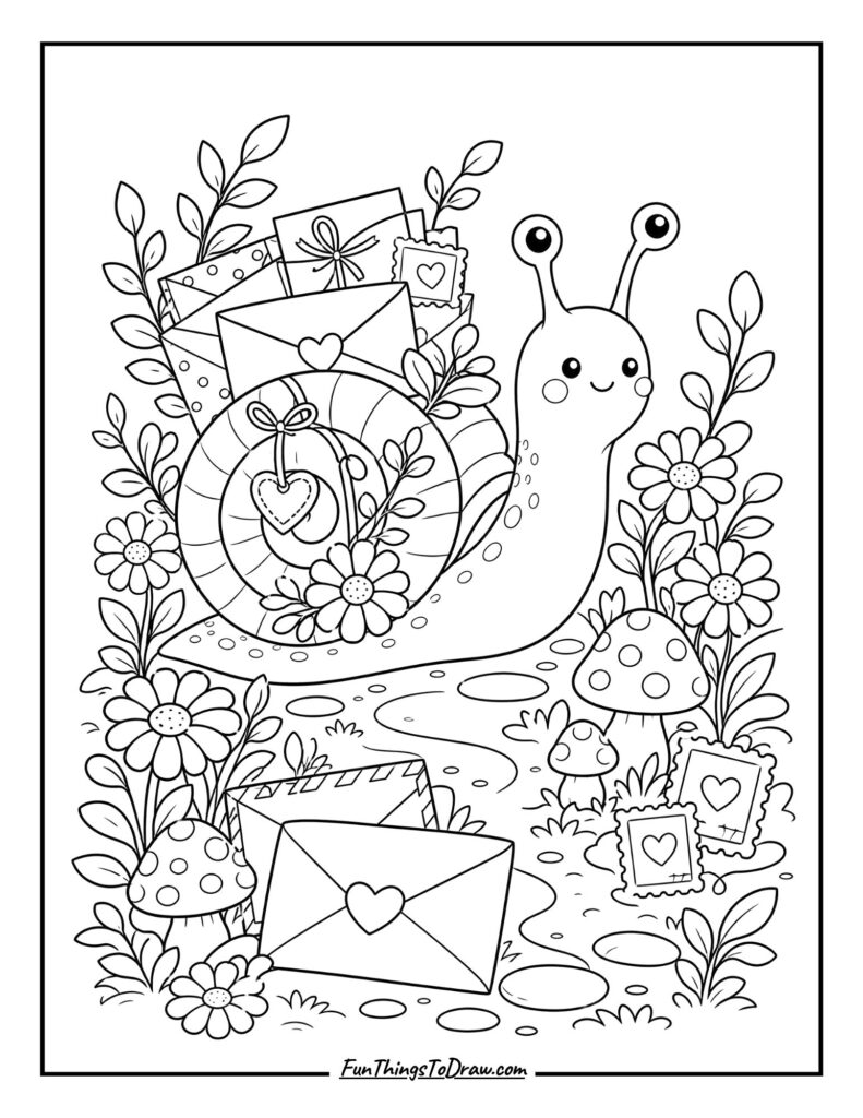 Kawaii Snail Mail Garden Coloring Page