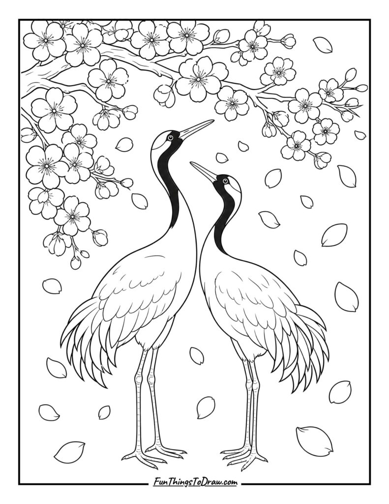 crane Birds Beneath Cherry Blossom