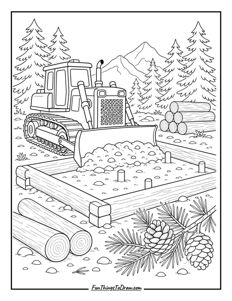 Bulldozer Building a Cozy Cabin Foundation coloring page
