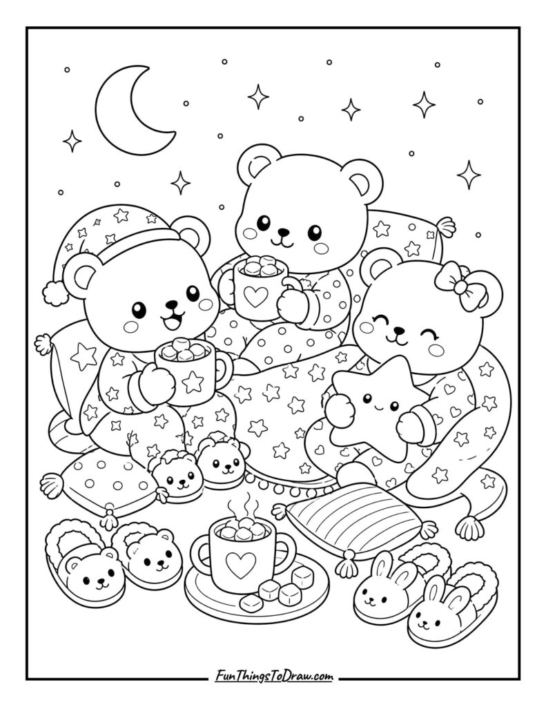 Kawaii Bear Party Coloring Page