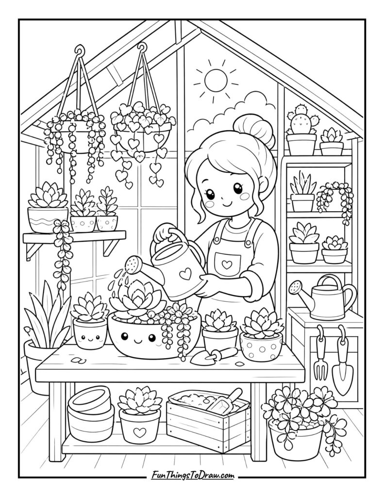 Kawaii Greenhouse Morning Coloring Page