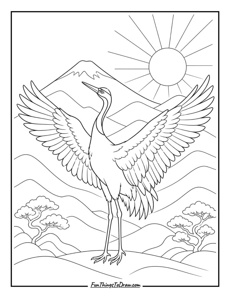 Mountain Vista Crane Bird Coloring Page
