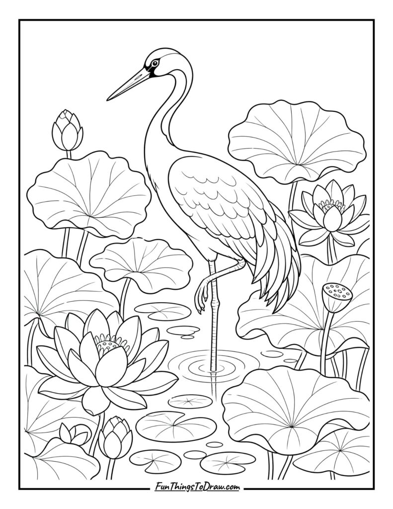 Crane in Lotus Pond coloring page