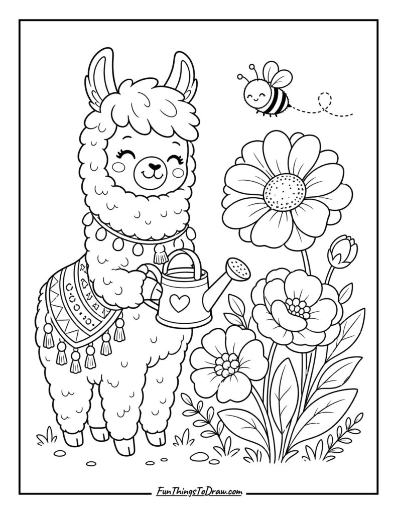 Llama Gardener coloring page
