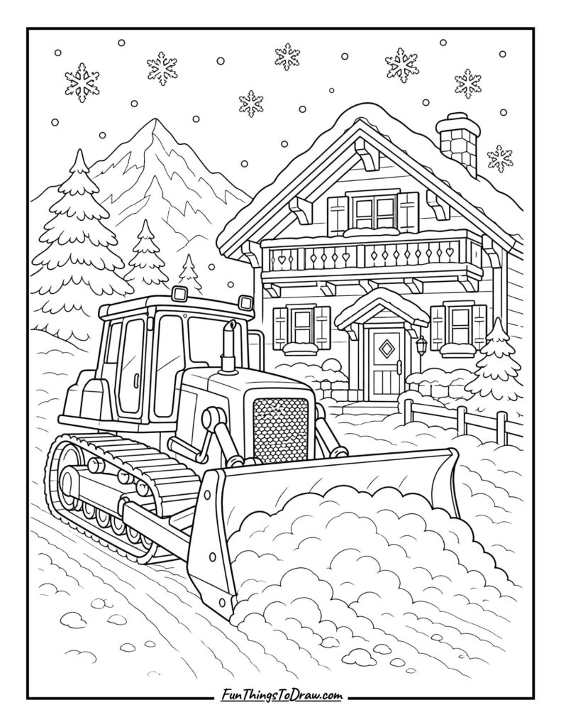 Bulldozer Clearing Snow in a Village coloring sheet