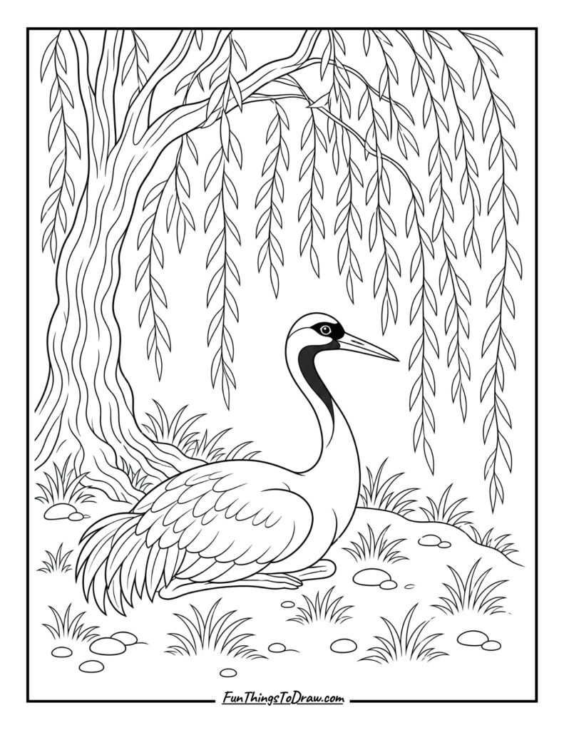 Crane Bird Sitting Under Willow Tree