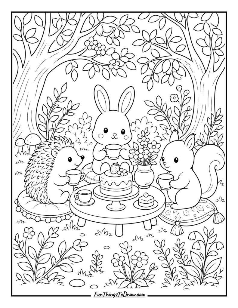 Kawaii woodland tea party coloring page