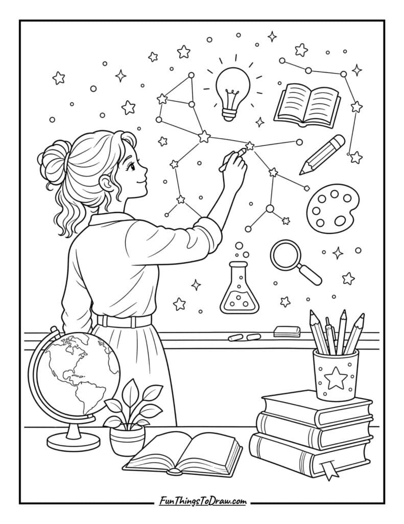 The Inspiring Teacher at the Chalkboard coloring page