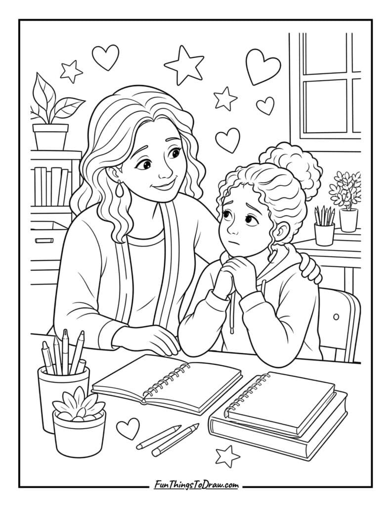 Teacher Encouraging a Nervous Student Coloring Page