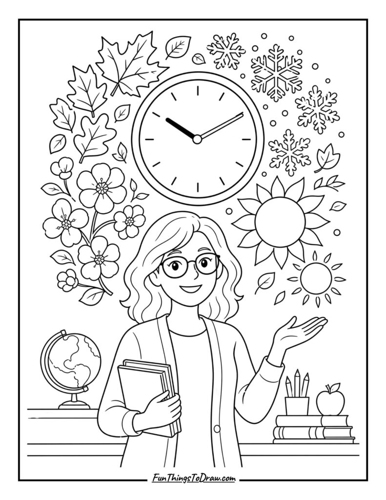 Classroom Clock Through the Year coloring page