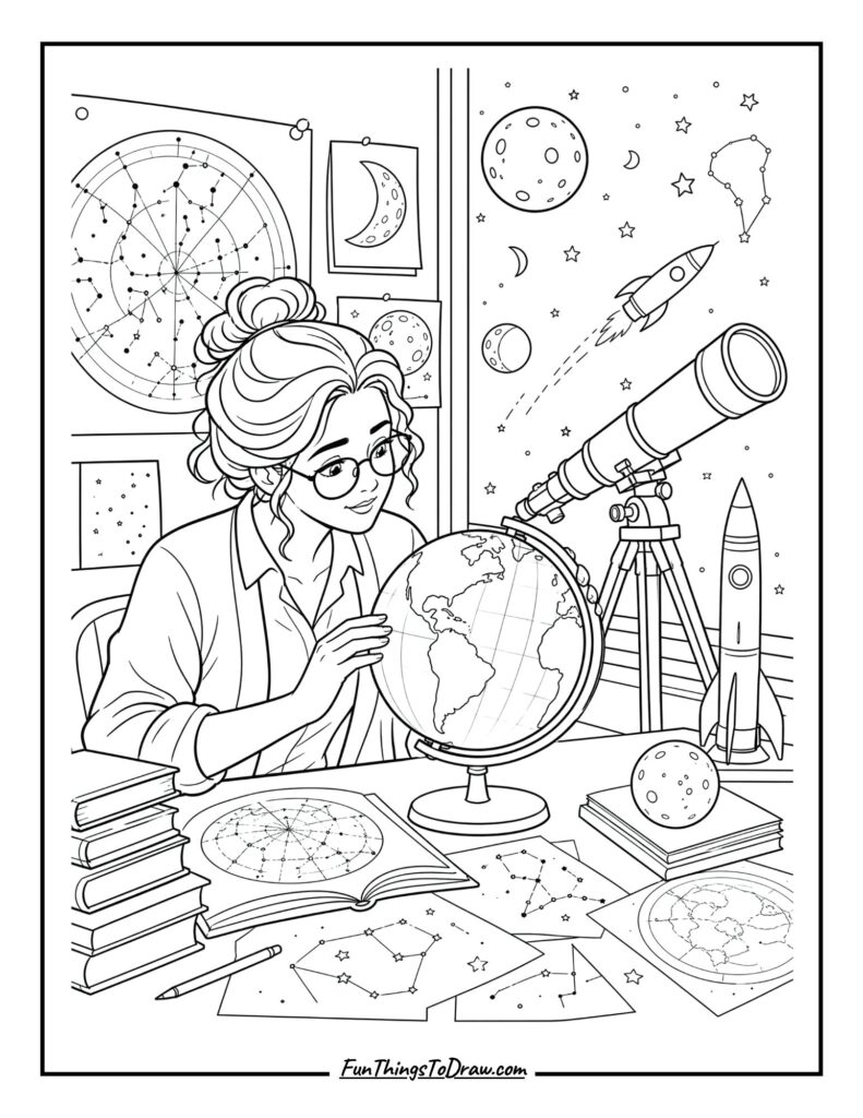 Teacher with a Globe and Telescope