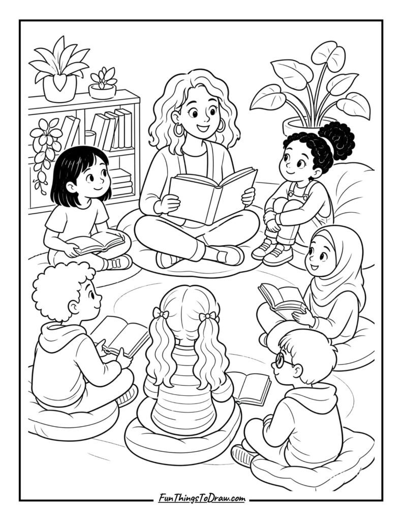 Reading Circle with Diverse Learners coloring page