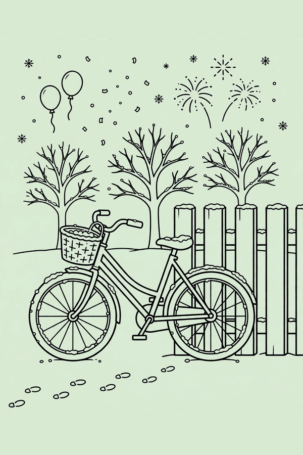 Bicycle Leaning on a Snowy Fence