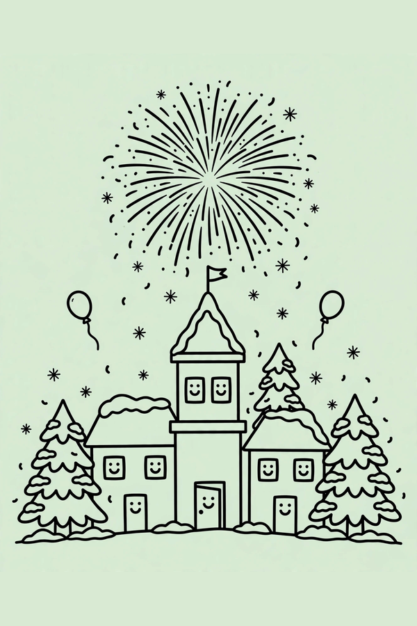 Fireworks Over a Snowy Town