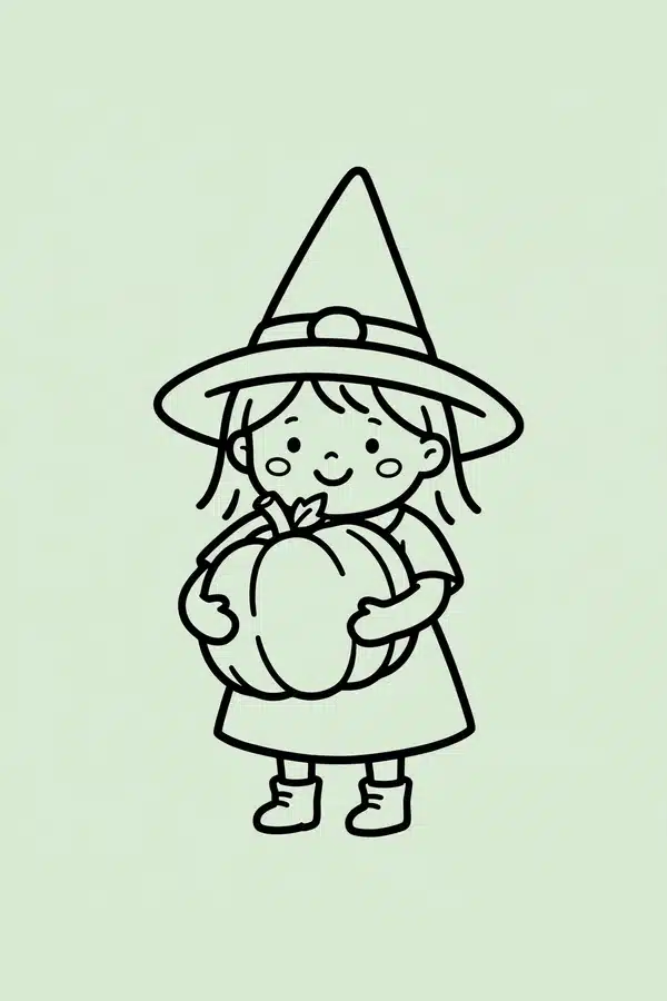 Little Witch Holding a Pumpkin