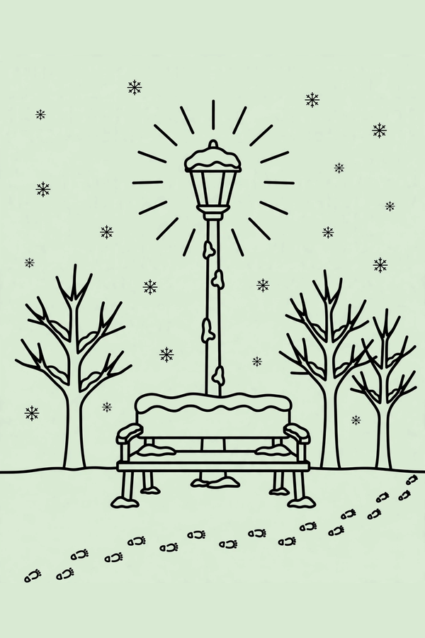 Park Bench Under a Snowy Lamp Post