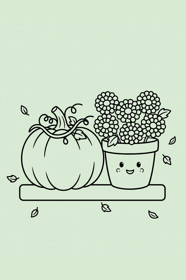 Plain Pumpkin Beside Chrysanthemums